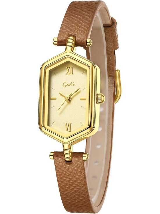 Accessories - Women's Brown Gold Vintage Slim Leather Strap Bracelet Hexagon Case Wrist Watch